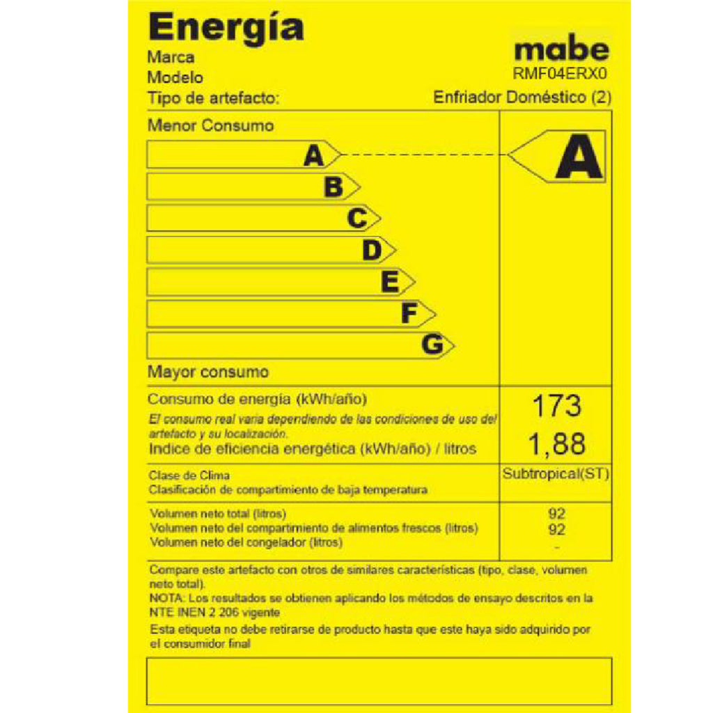 Frigobar Mabe 93 Litros - Color blanco - RMF04ERX0