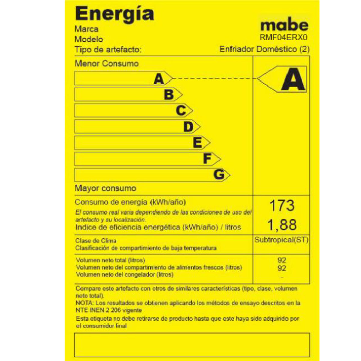 Frigobar Mabe 93 Litros - Color blanco - RMF04ERX0