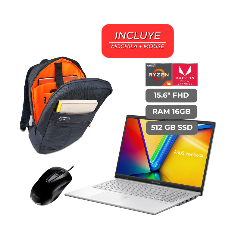Laptop ASUS Vivobook 15 AMD R5-7520U 2.8GHZ - 16GB RAM - 512GB SSD Almacenamiento - 15.6″ FHD + Mochila + Mouse