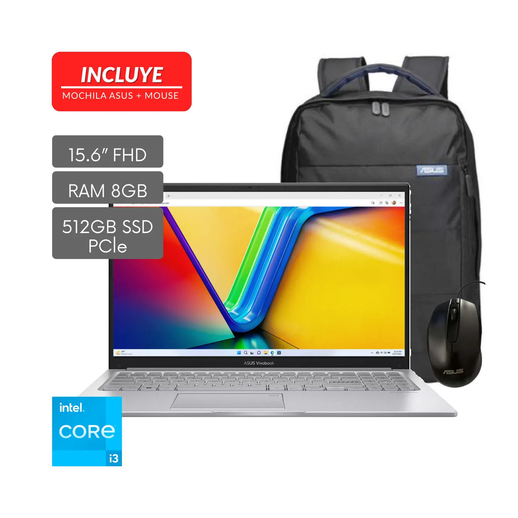 Laptop ASUS Vivobook 15 Core i3 1.2GHZ - 8GB RAM - 512GB SSD Almacenamiento - 15.6″ FHD + Mochila + Mouse